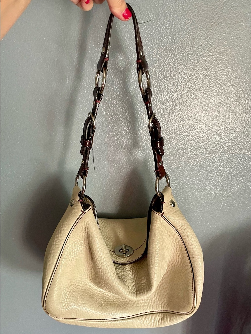 Coach-Leather Hobo Shoulder Bag in Cream with Brown Strap